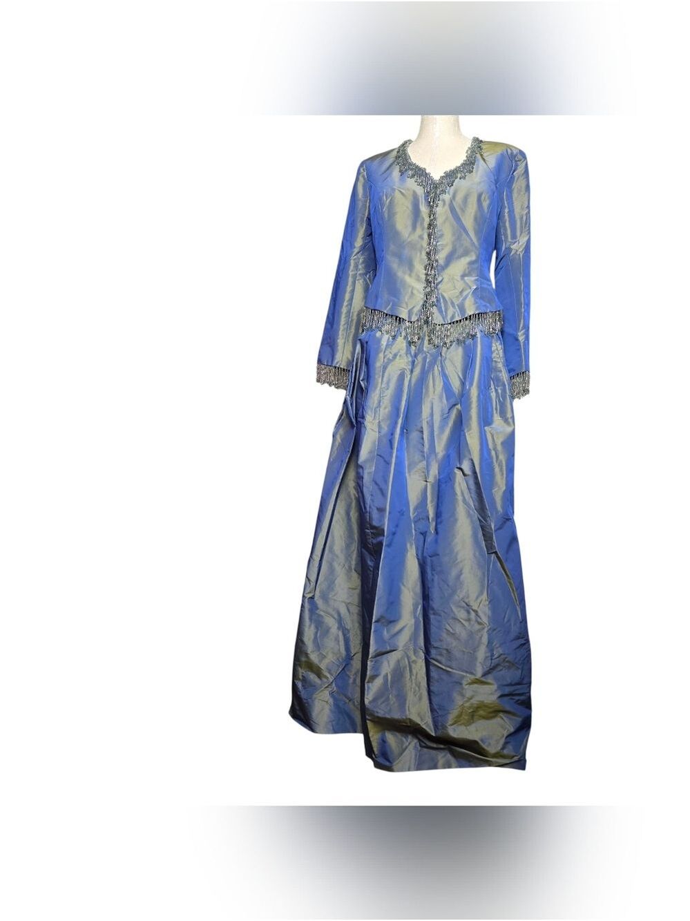 Paija Blue Gold Iridescent Taffeta Skirt Beaded Fringe Jacket 2 Piece Women's